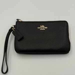 Coach Double Corner Zip Wristlet in black refined pebbled leather